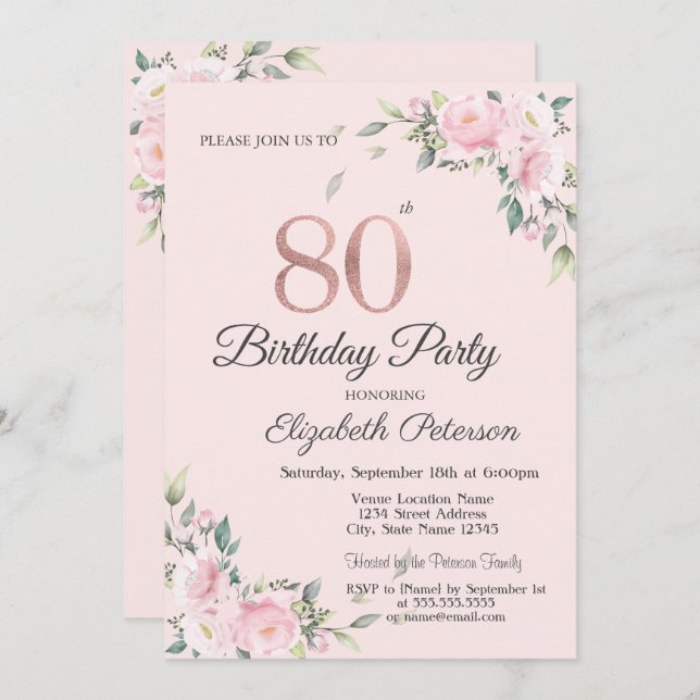 Chic Pink Floral 80th Birthday Party  Invitation (Front/Back)