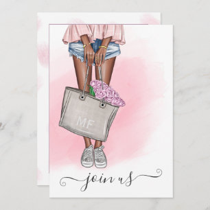 Chic Pink Floral Bachelorette Party Monogram Invitation