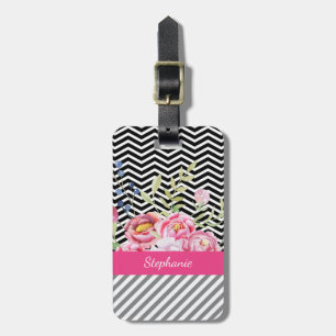 Chic Pink Floral Black and White Chevrons and Name Luggage Tag