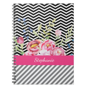 Chic Pink Floral Black and White Chevrons and Name Notebook