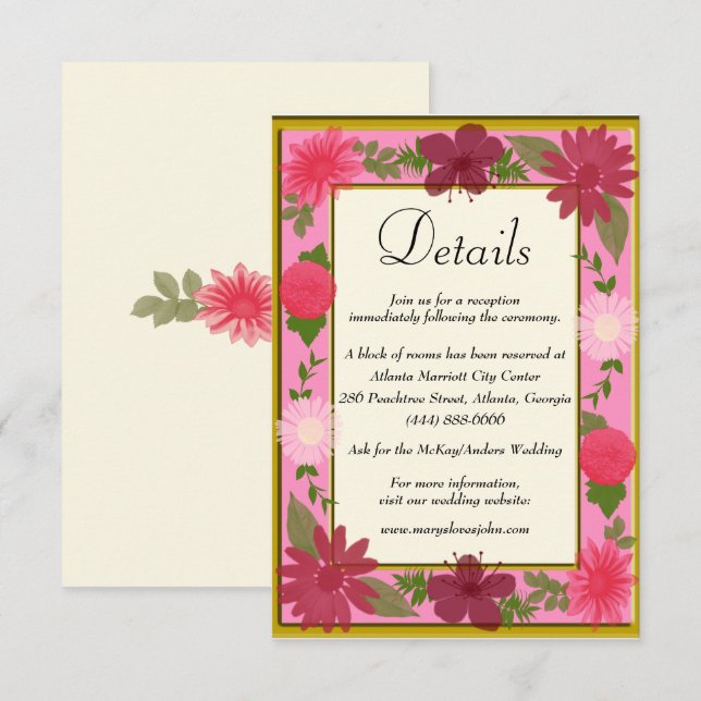 Chic Pink Floral Botanical Wedding Details Enclosure Card (Front/Back)