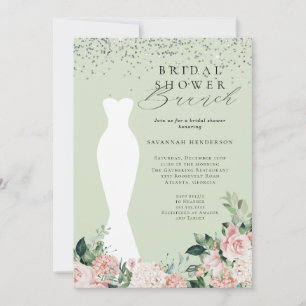 Chic Pink Floral Bridal Dress Bridal Shower Brunch Invitation