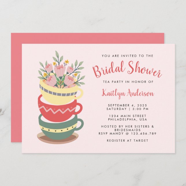 Chic Pink Floral Bridal Shower Tea Party Invitation (Front/Back)