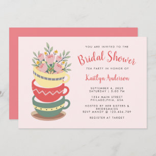 Chic Pink Floral Bridal Shower Tea Party Invitation