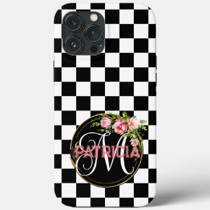 Chic pink floral chequered black & white monogram iPhone 13 pro max case