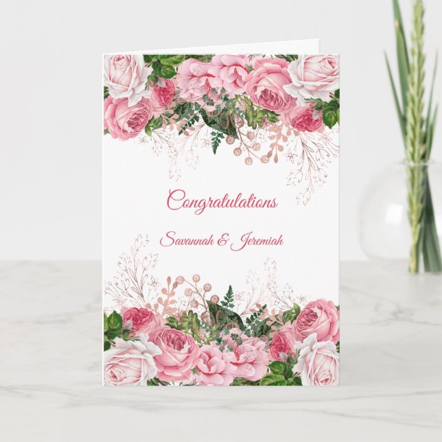 Chic Pink Floral Congratulations Wedding Card (Front)