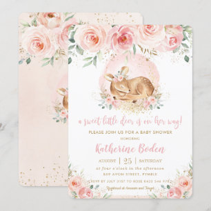 Chic Pink Floral Cute Baby Deer Girl Baby Shower Invitation