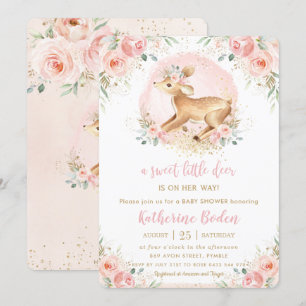 Chic Pink Floral Cute Deer Fawn Girl Baby Shower Invitation
