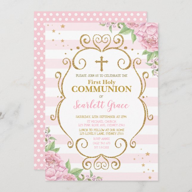 Chic Pink Floral First Holy Communion Princess Invitation (Front/Back)
