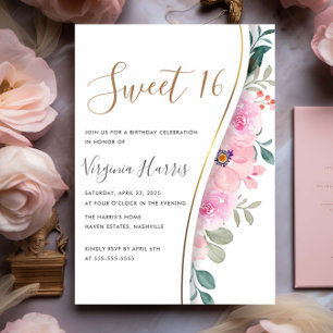Chic Pink Floral Foliage Sweet Sixteen 16 Birthday Invitation