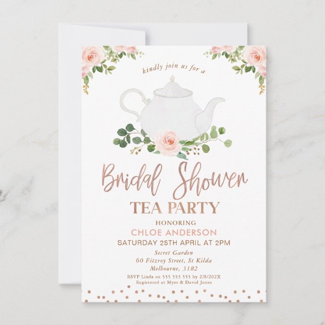 Chic Pink Floral Foliage Tea Party Bridal Shower Invitation (Front)