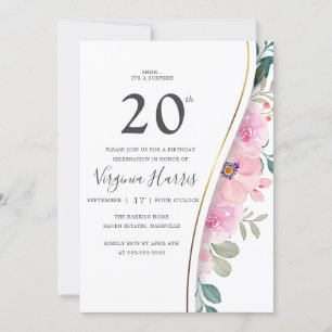 Chic Pink Floral Foliage Twenty 20th Birthday Invitation