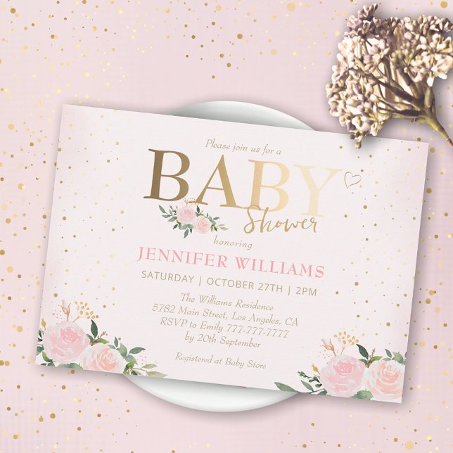 Chic Pink Floral Gold Girl Baby Shower Invitation (Creator Uploaded)