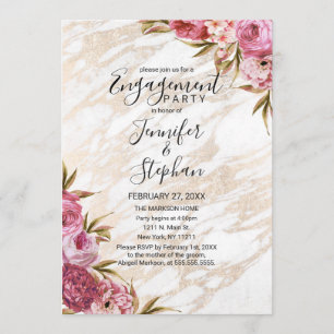 Chic Pink Floral Gold Marble Engagement Invitation
