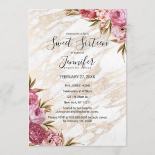 Chic Pink Floral Gold Marble Sweet 16 Invitation