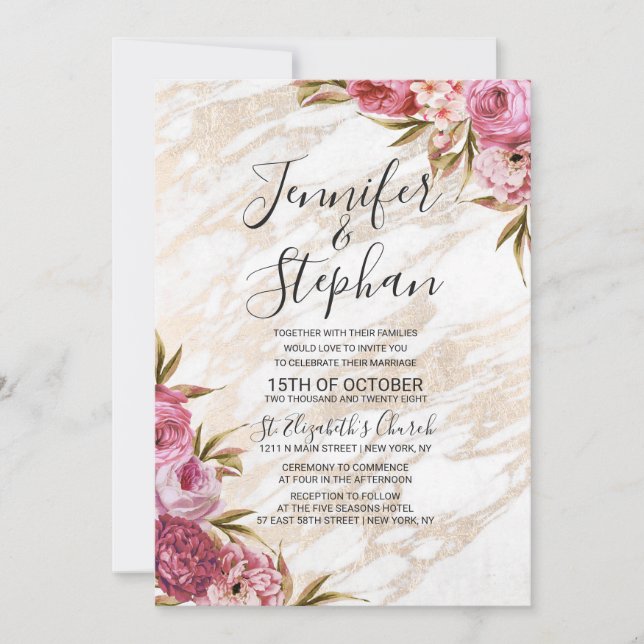 Chic Pink Floral Gold Marble Wedding Invitation (Front)