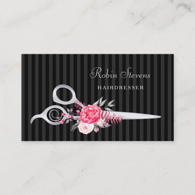 Chic Pink Floral Hairdresser Faux Silver Scissors Business Card (Front)