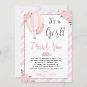 Chic Pink Floral Hot Air Balloon Baby Shower Thank You Card