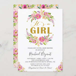 Chic Pink Floral It's A Girl Baby Shower Invitation