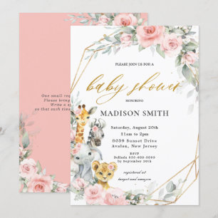 Chic Pink Floral Jungle Animals Baby Shower Girl Invitation