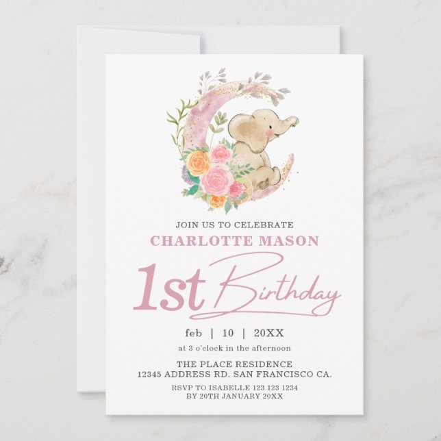 Chic Pink Floral Moon Girl Elephant 1st Birthday Invitation (Front)