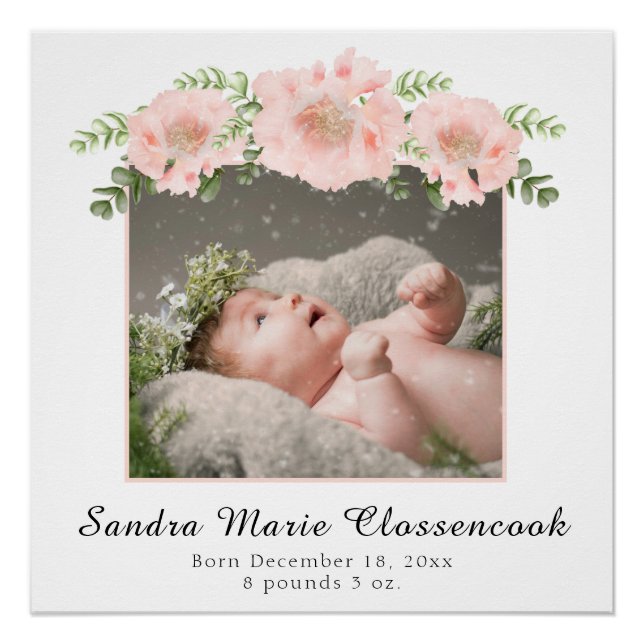 Chic Pink floral New Baby Girl Shower or nursery Poster (Front)