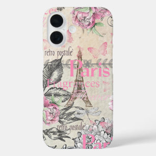 Chic pink floral Paris Eiffel Tower typography iPhone 16 Case