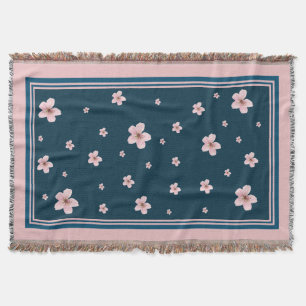 Chic Pink Floral Pattern - Navy Blue Background Throw Blanket