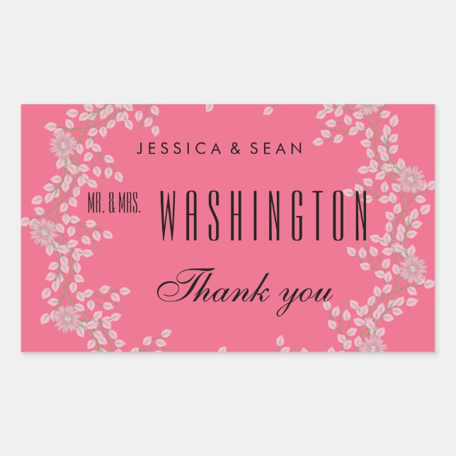 Chic Pink Floral & Pearls Wedding Thank You Rectangular Sticker (Front)