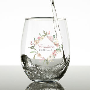 Chic Pink Floral Personalised Bridesmaid Stemless Wine Glass
