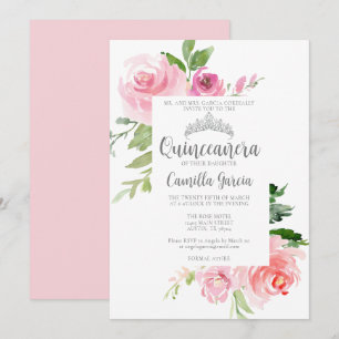 Chic Pink Floral Quinceañera Silver Tiara Party Invitation