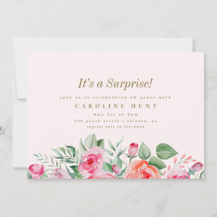 Chic Pink Floral Rose Surprise Birthday Party Invitation