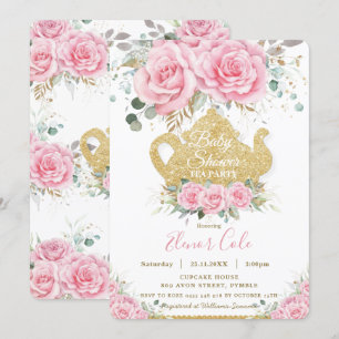 Chic Pink Floral Roses Baby Shower High Tea Party Invitation