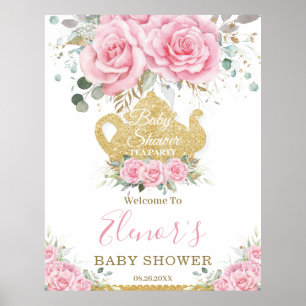 Chic Pink Floral Roses Baby Shower High Tea Party  Poster
