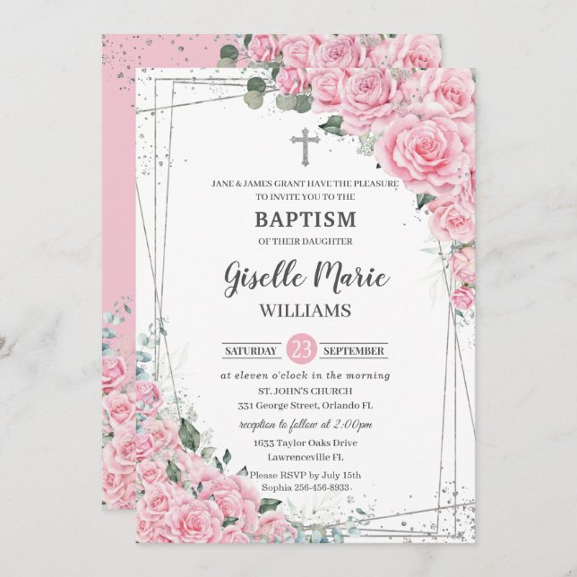 Chic Pink Floral Roses Silver Baptism Christening  Invitation (Front/Back)