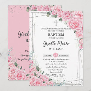 Chic Pink Floral Roses Silver Baptism Christening  Invitation