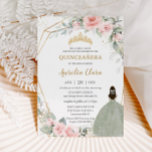 Chic Pink Floral Sage Green Princess Quinceañera Invitation<br><div class="desc">This chic Quinceañera invitation features a gold glitter geometric frame adorned by delicate watercolor blush pink floral and soft sage greenery foliage and a girl in a lovely sage green dress. Personalise it with your details easily and quickly, simply press the customise it button to further re-arrange and format the...</div>