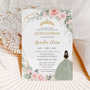 Chic Pink Floral Sage Green Princess Quinceañera Invitation