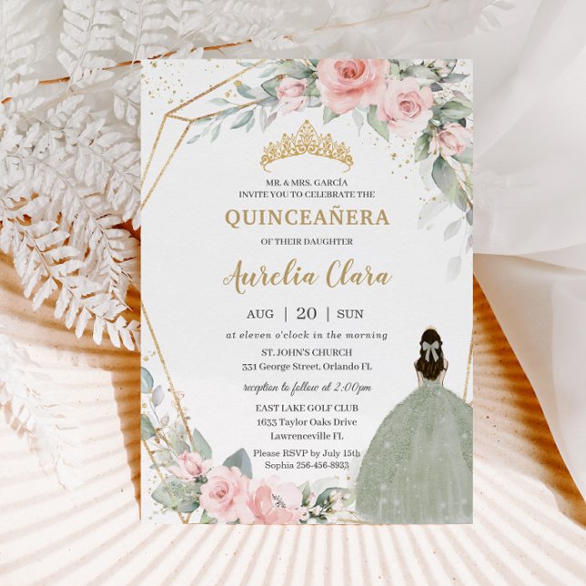 Chic Pink Floral Sage Green Princess Quinceañera Invitation (Creator Uploaded)