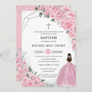 Chic Pink Floral Silver Girl Baptism Christening Invitation