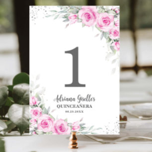 Chic Pink Floral Silver Quinceañera XV Sweet 16 Table Number