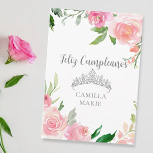 Chic Pink Floral Silver Tiara Feliz Cumpleaños Card