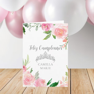 Chic Pink Floral Silver Tiara Feliz Cumpleaños Card