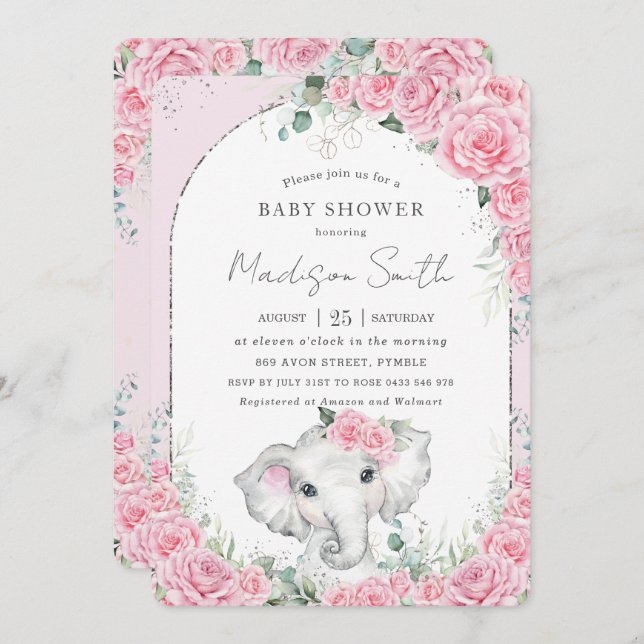 Chic Pink Floral Sweet Elephant Baby Shower Invitation (Front/Back)