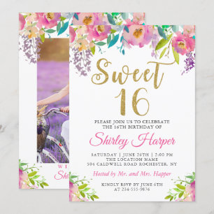 Chic Pink Floral Sweet Sixteen 16 Birthday Photo Invitation