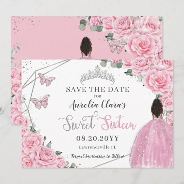 Chic Pink Floral Sweet Sixteen Brown Princess Save The Date (Front/Back)