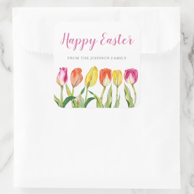 Chic Pink Floral Tulips Happy Easter Square Sticker (Bag)