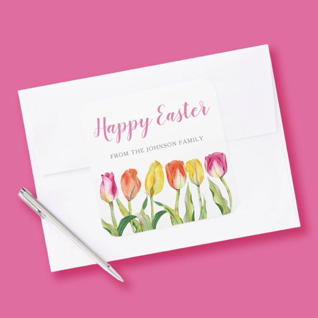 Chic Pink Floral Tulips Happy Easter  Square Sticker (Chic Pink Floral Tulips Happy Easter Square Sticker)