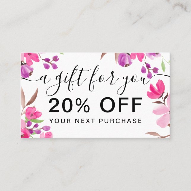 Chic pink floral watercolor bouquet gift discount card (Front)