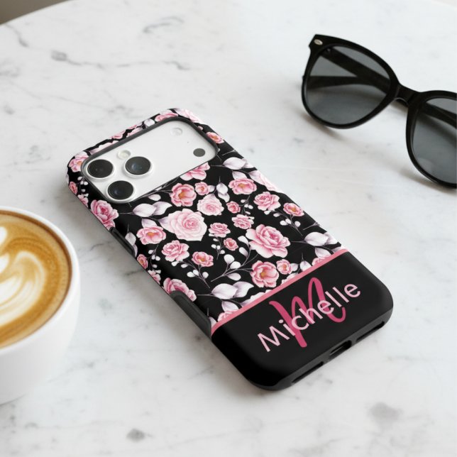 Chic Pink Floral Watercolor Patten Monogram Black (Creator Uploaded)